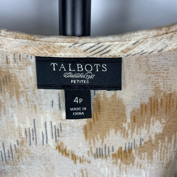 Talbots Tan Abstract Print Sleeveless Satin 100% Silk Ruffle Neckline Blouse - Picture 3 of 5